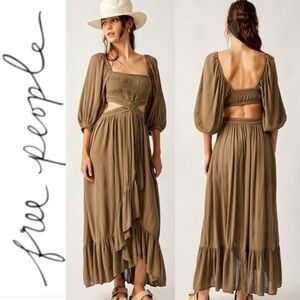 Free People Cross My Heart Cutout Maxi Dress taupe balloon sleeve side cut outs